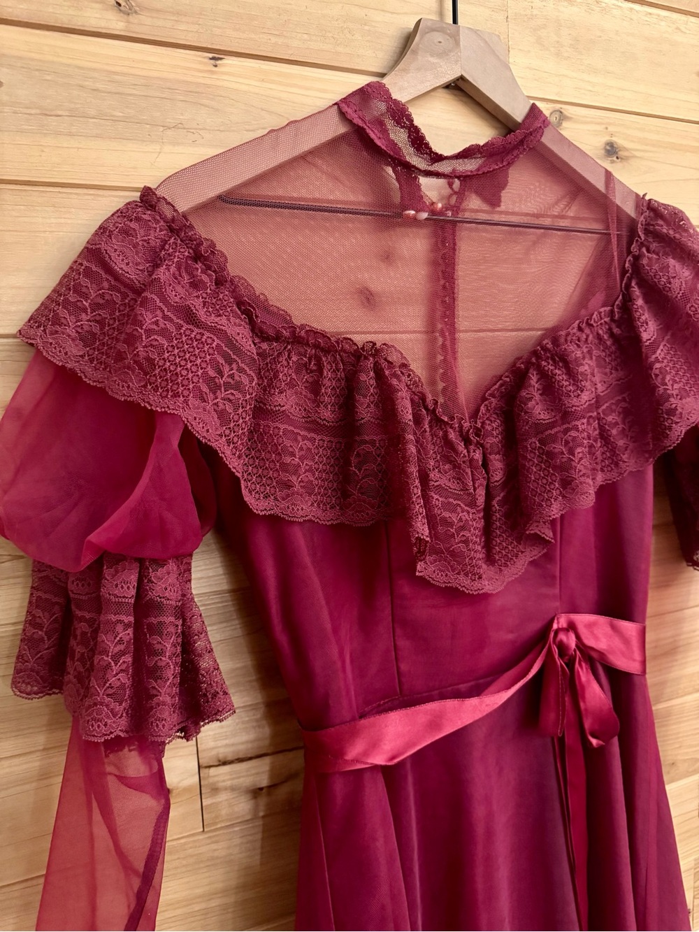 Vintage Small Burgundy Lace High Neck Gothic Maxi Gown Victorian Witch Romantic
